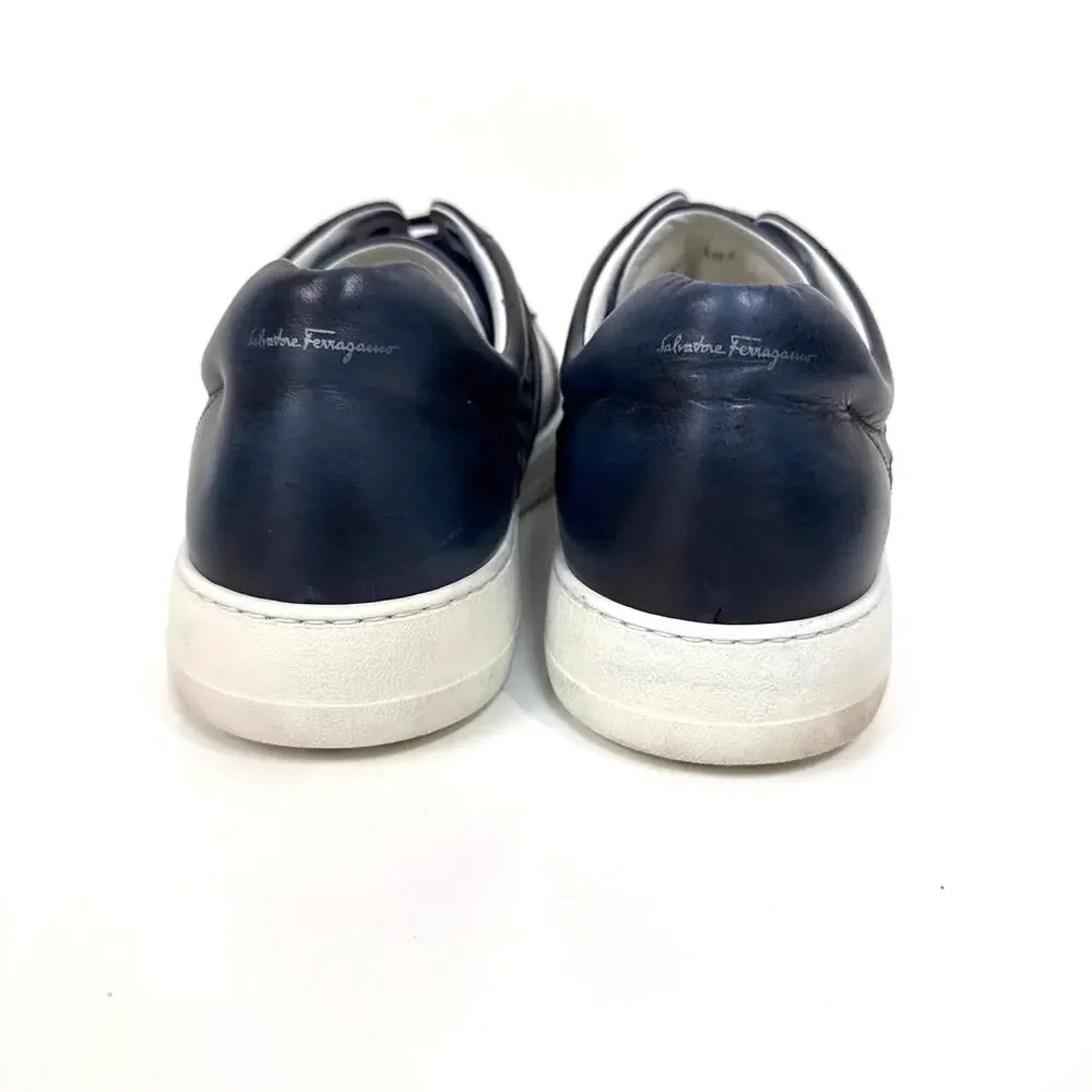 Salvatore Ferragamo Gancio Navy Blue Woven Low Top Sneaker 11 White Sole Shoes